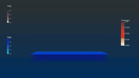 Animated volume-rendered visualization of a 250m asteroid striking water, with the impact plume rising over 10 seconds