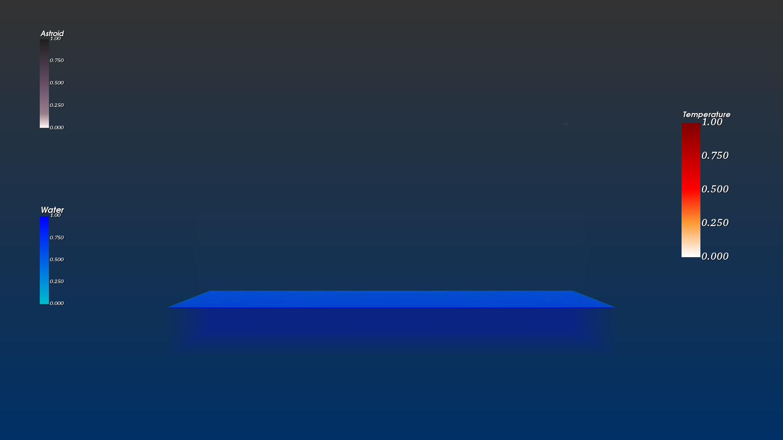 Frame 0: a calm, undisturbed body of water rendered in deep blue against a dark background.