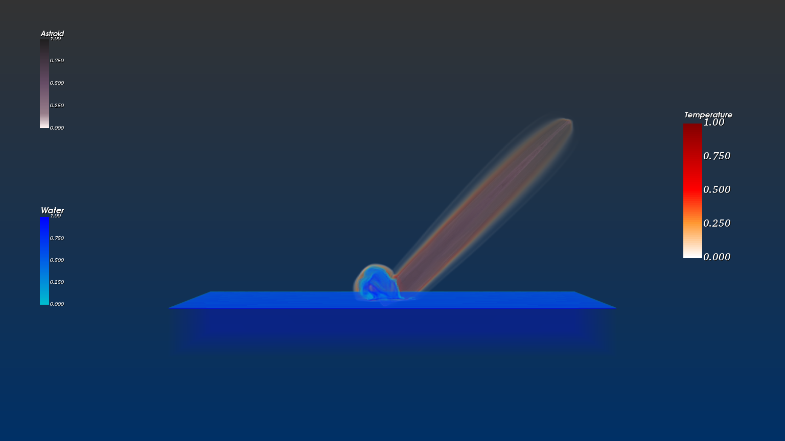 Frame 12: the asteroid strikes the water surface, ejecting a small initial plume while the heat trail extends into the sky behind it.