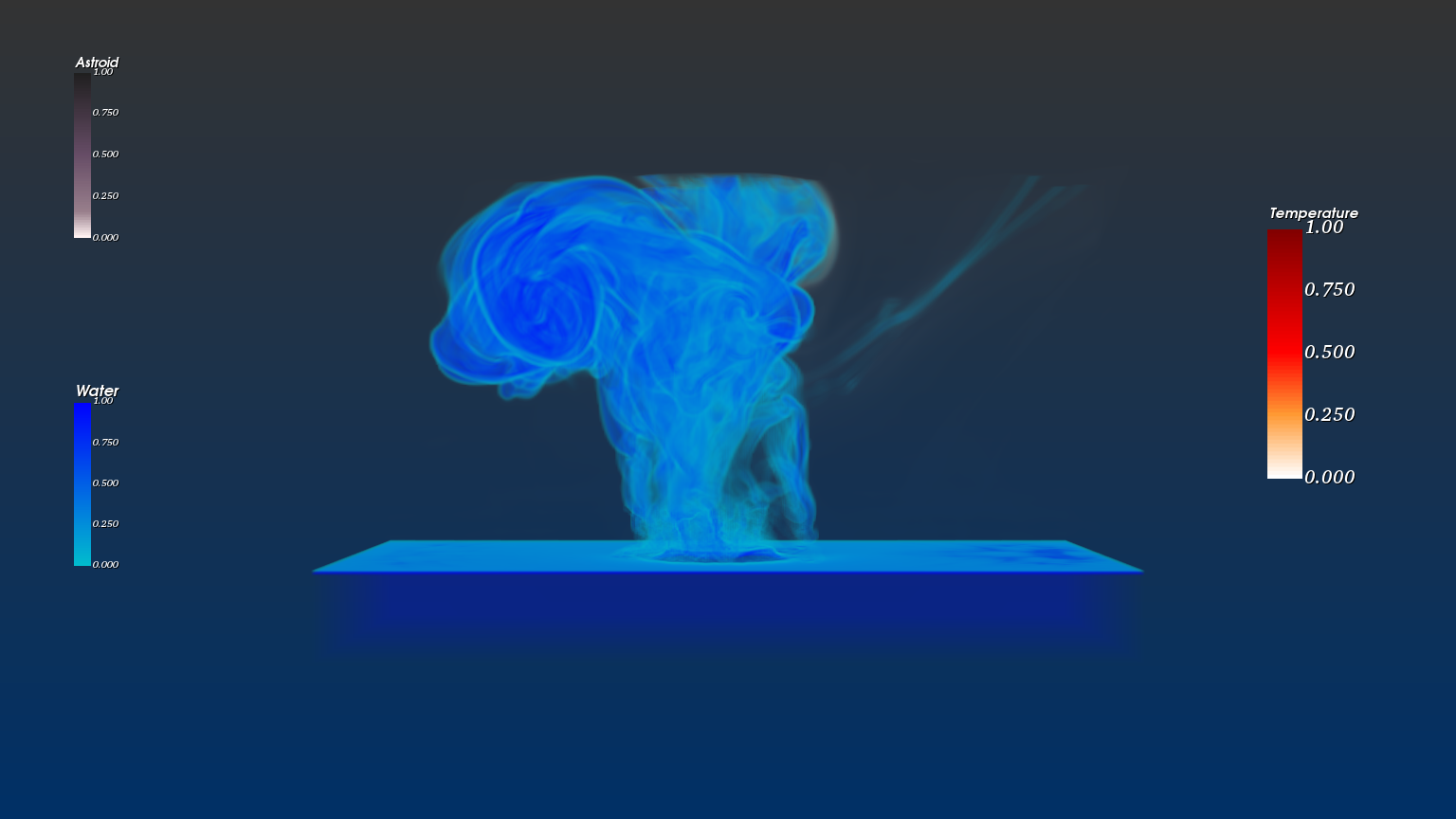 Frame 342: the impact plume has evolved into a tall, mushroom-cloud-like vertical column of churning water vapor.