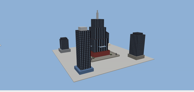 City center scene: tiered central skyscraper with cantilevered balconies, ringed by four corner towers on a raised plaza.