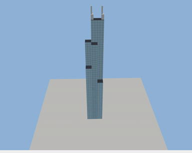 Sears Tower scene: 9-block bundled-tube geometry rendered through the texture pipeline rather than the windowed-strip grammar.