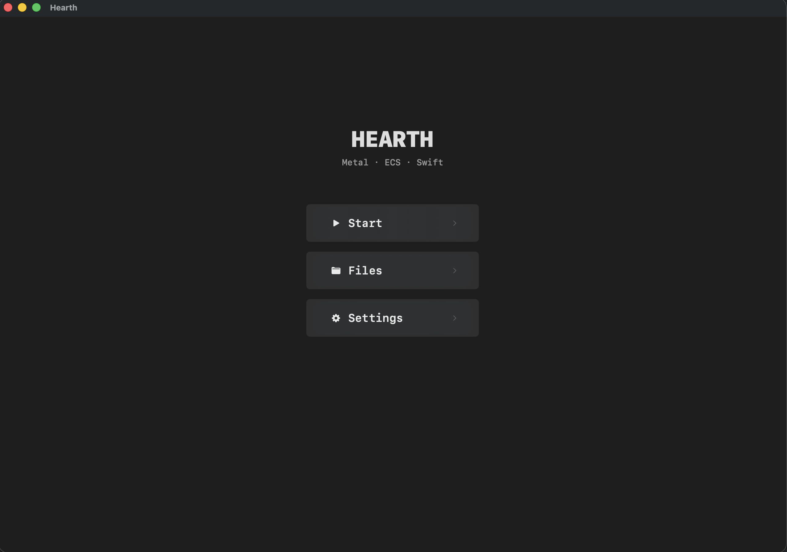 Hearth main menu screen: SwiftUI shell with the engine's title and entry points.