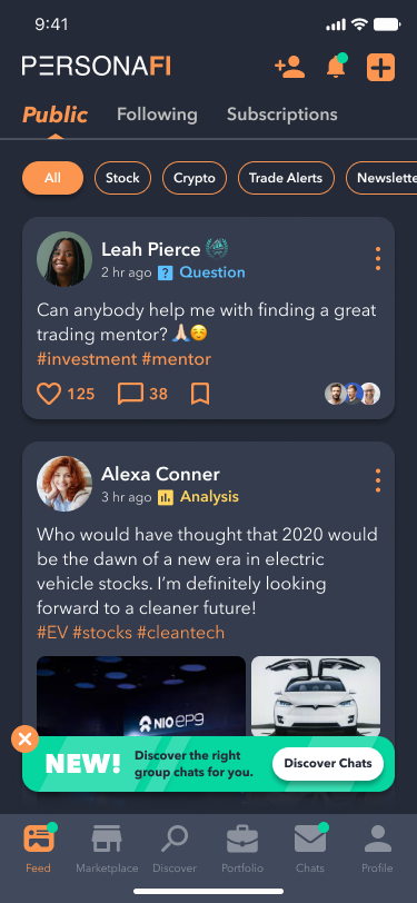 PersonaFi social feed showing investor posts with hashtags, likes, and comments.