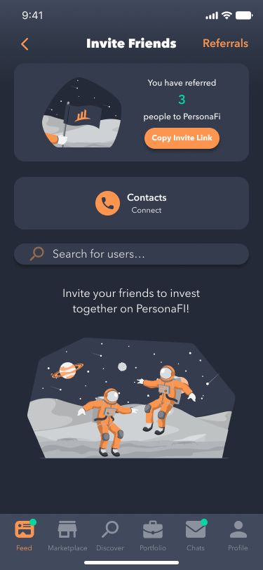 PersonaFi referrals and invite friends screen.