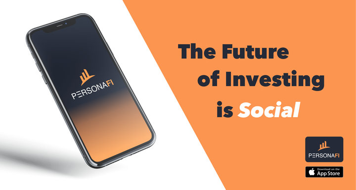 PersonaFi marketing image showing three iPhones with the social feed, portfolio, and brokerage linking screens