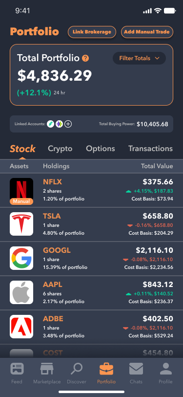 PersonaFi portfolio screen showing linked brokerage holdings.