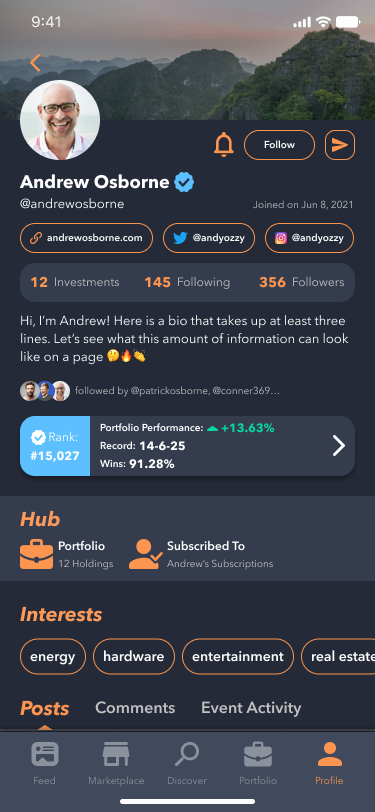 PersonaFi user profile showing rank, win rate, and follower stats.