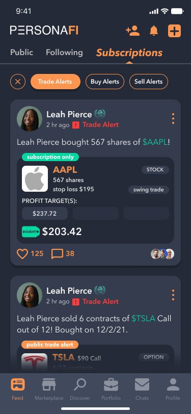 PersonaFi subscription-only trade alerts feed.